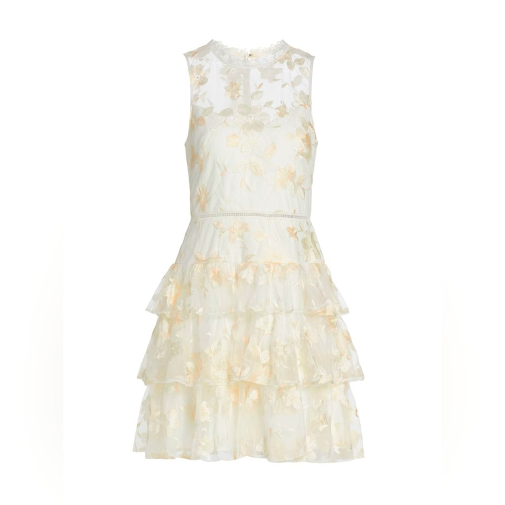 ML MONIQUE LHUILLIER Floral-embroidery Tiered Cocktail Dress In Ivory